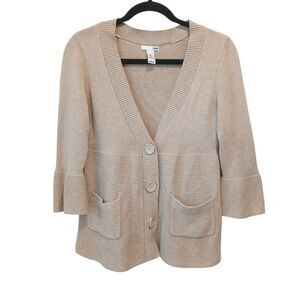Beige Button Up Cardigan Sweater V Neck Sz Small H&M Knit 3/4 Sleeve Big Buttons